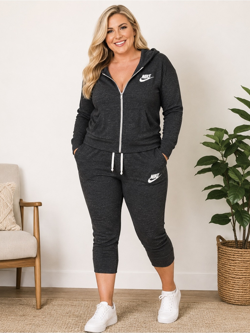 Nike women’s XL Charcoal Zip Hoodie & Capri Joggers Set